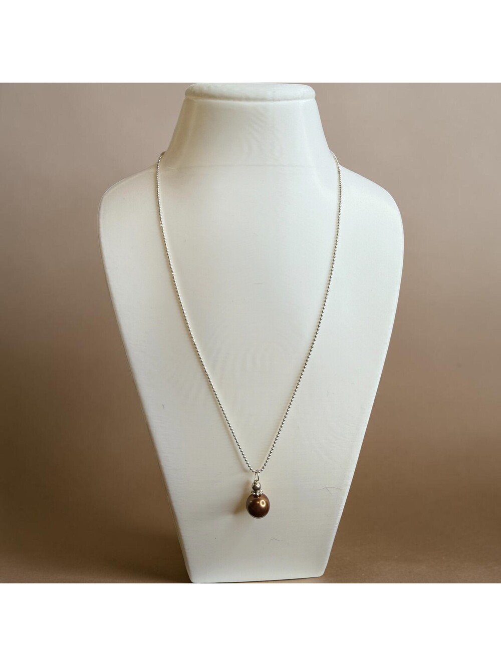 MC Signed Brown Faux Pearl Pendant Necklace Silver Tone Ball Chain Long